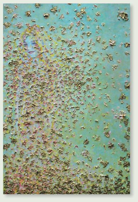 SPRING ANGEL 100 : 150 cm acrylic paint, dried herbs, dried flowers, textile, goldleaf, gold pigment, linen  