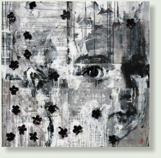 NOISE 100 : 100 cm  acrylic paint, charcoal, textile, coffee, ink, canvas