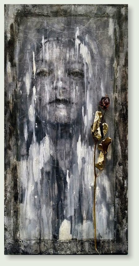 ODE TO SYLVIA 40 : 80 cm acrylic paint, charcoal, dried rose, linen  